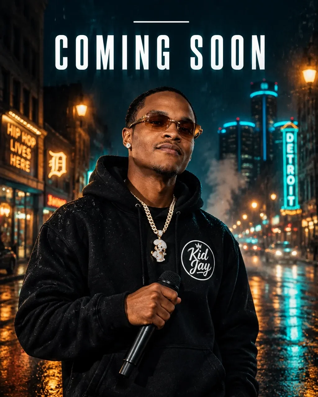 Kid Jay in a black hoodie with a microphone — coming soon Roc Street Clothing drop
